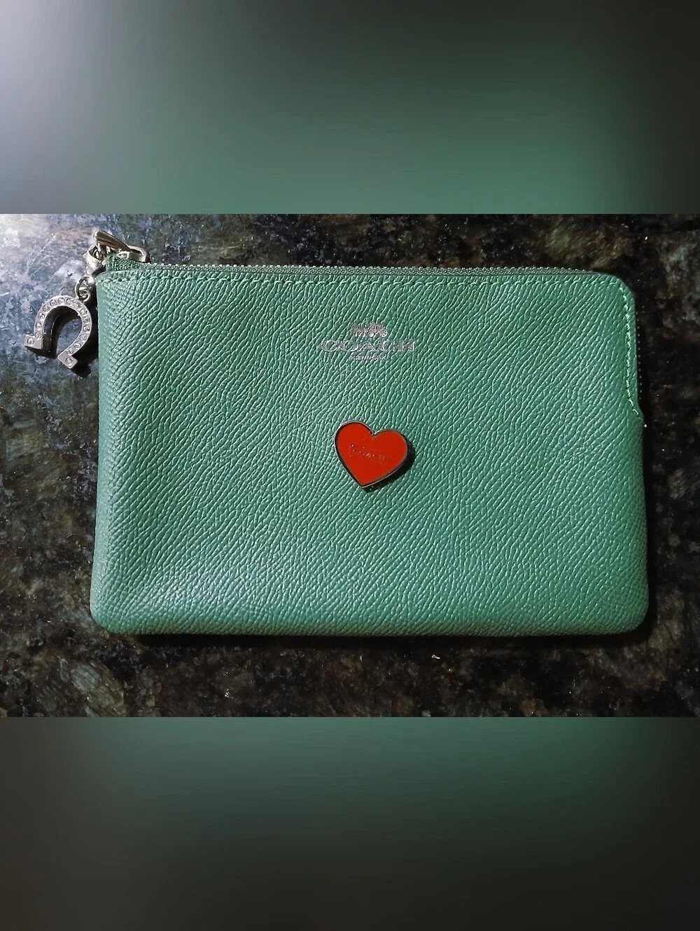COACH Green Zipper Wallet With COACH Heart Pin